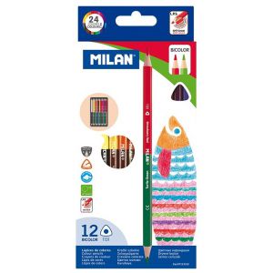 Kredki ołówkowe Milan Bicolor trójkątne, 12 szt, 24 kolory
